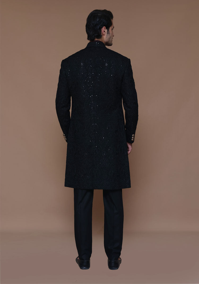 Black Embroidered Cotton Net Sherwani (2-Piece) - Image 4
