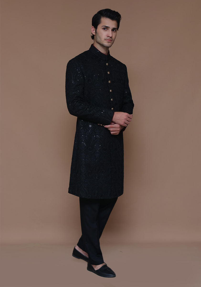 Black Embroidered Cotton Net Sherwani (2-Piece) - Image 5