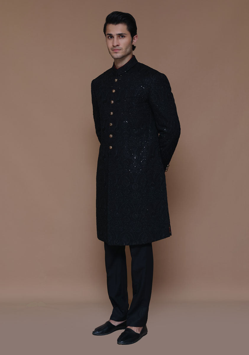 Black Embroidered Cotton Net Sherwani (2-Piece) - Image 6