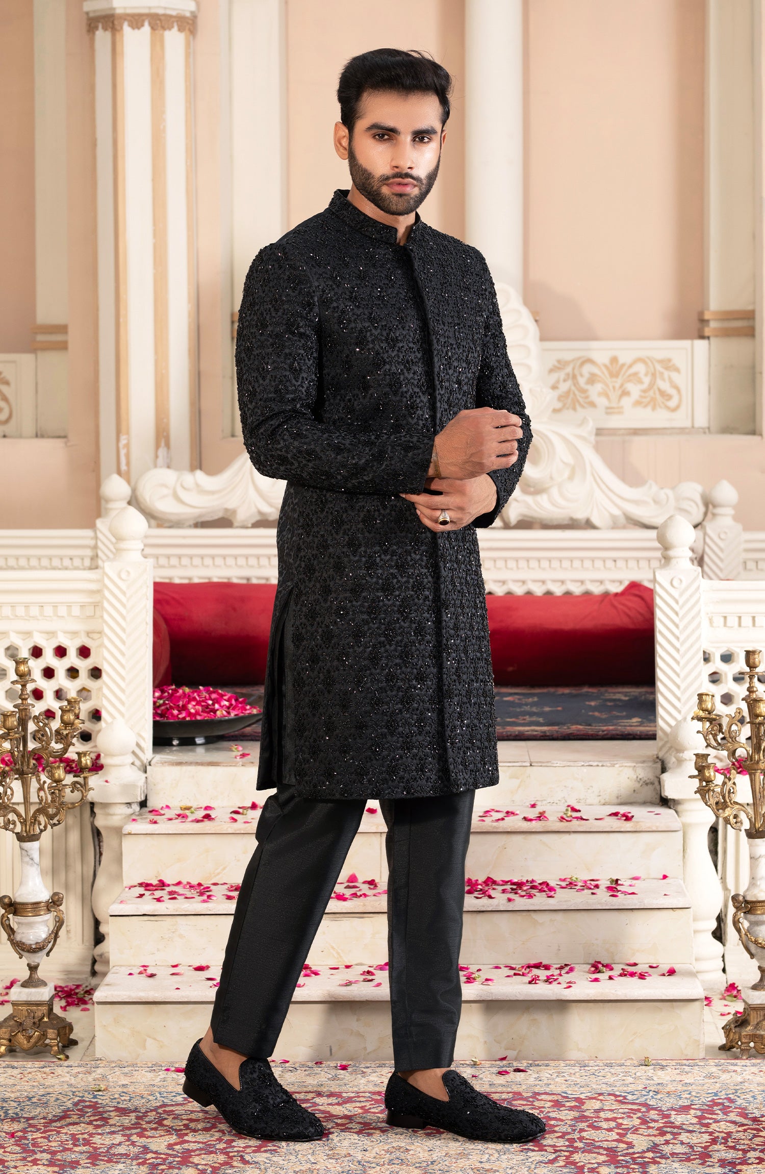 Black Adaa Kora Dabka Emboss Sherwani (3-Piece) - Image 1
