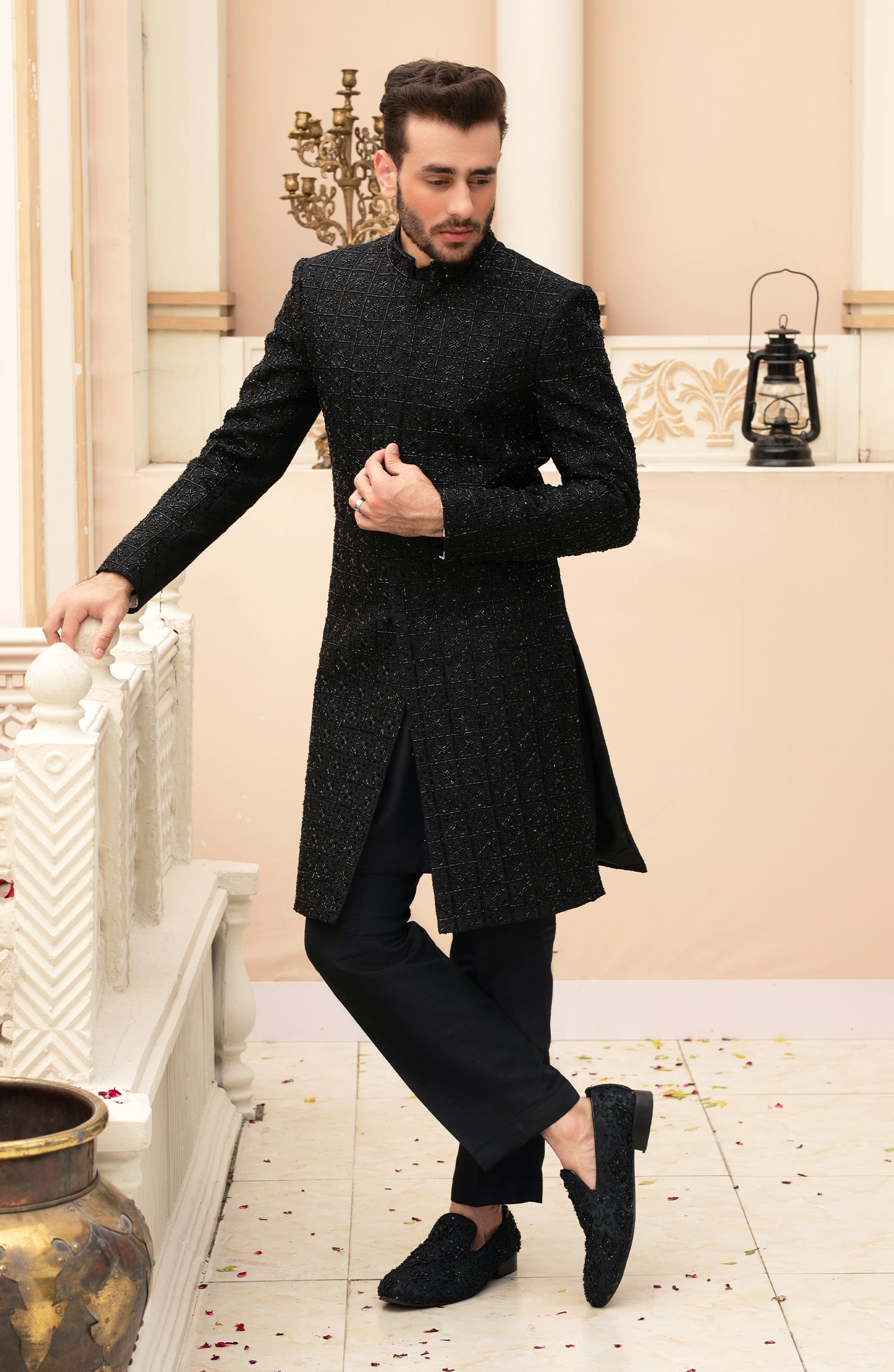 Black Adaa Stone Work Emboss Fabric Sherwani (3-Piece) - Image 1