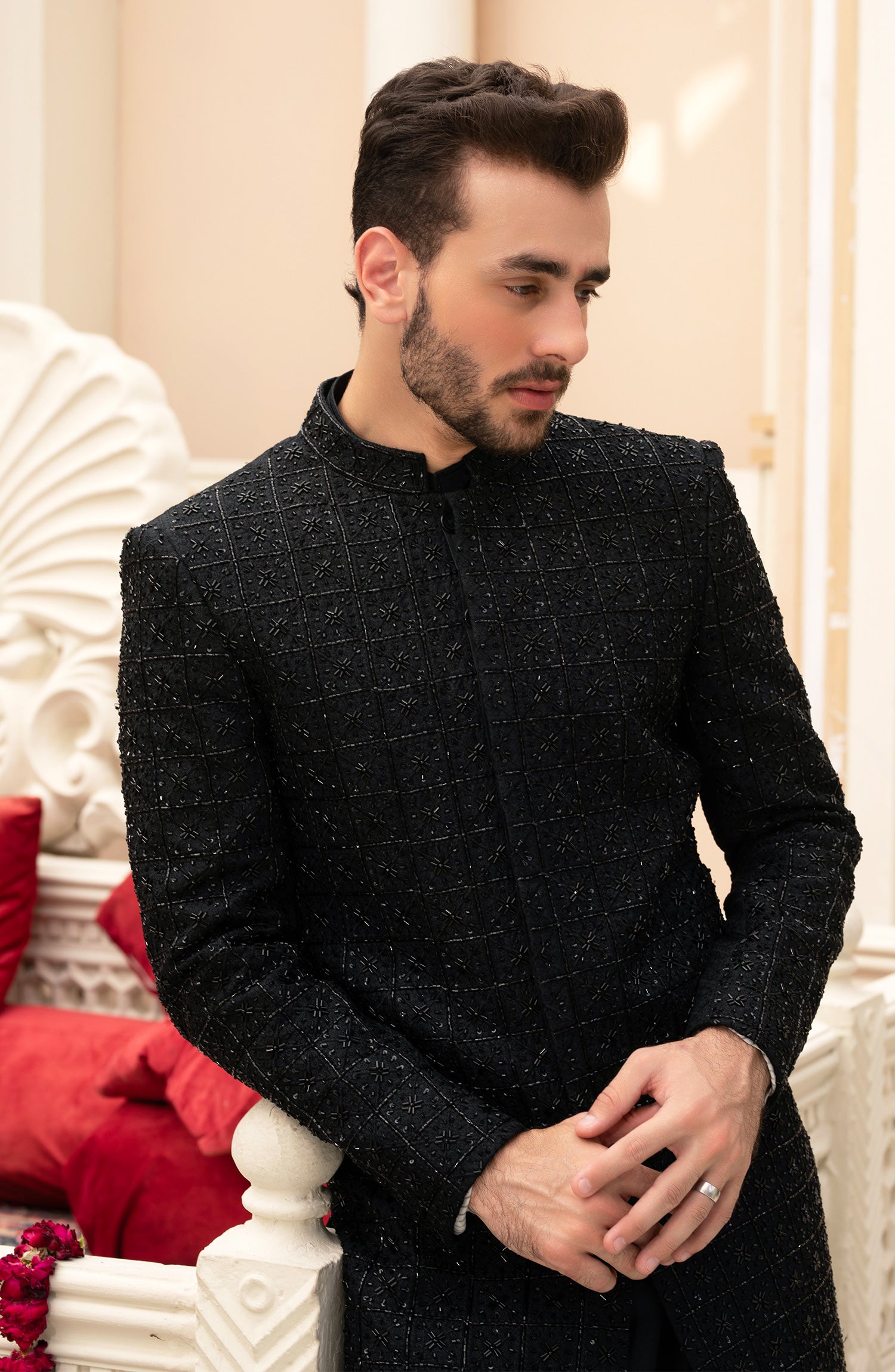Black Adaa Stone Work Emboss Fabric Sherwani (3-Piece) - Image 2