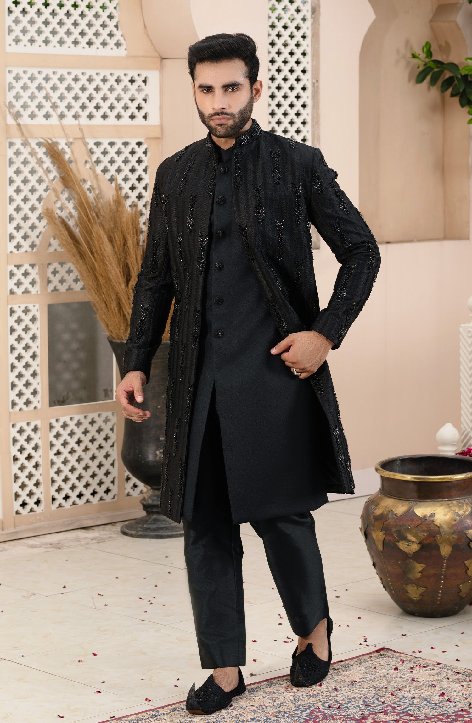Black Adaa Embroidered Silk Sherwani (2-Piece) - Image 1