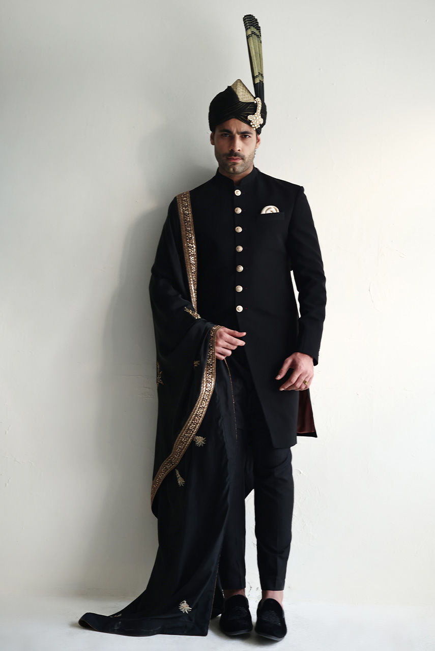 Black Georgette Sherwani with Gold Embroidered Dupatta (3-Piece) - Image 1