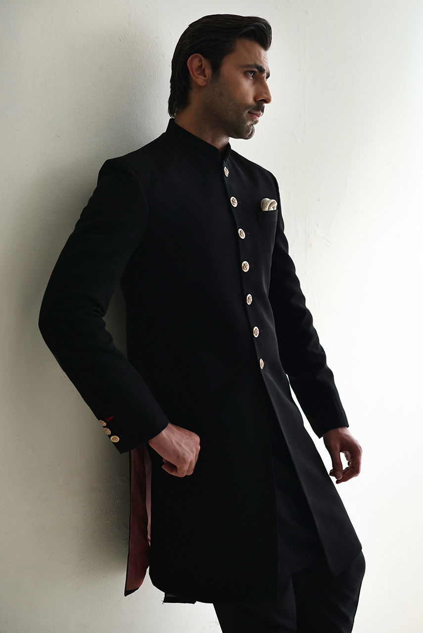 Black Georgette Sherwani with Gold Embroidered Dupatta (3-Piece) - Image 2