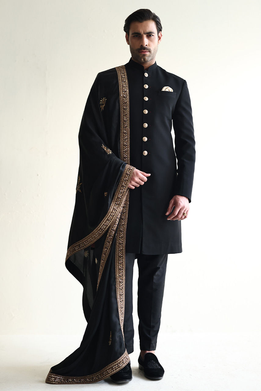 Black Georgette Sherwani with Gold Embroidered Dupatta (3-Piece) - Image 3