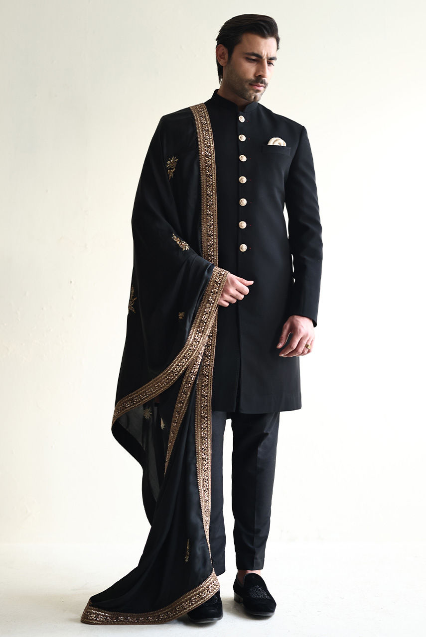 Black Georgette Sherwani with Gold Embroidered Dupatta (3-Piece) - Image 6