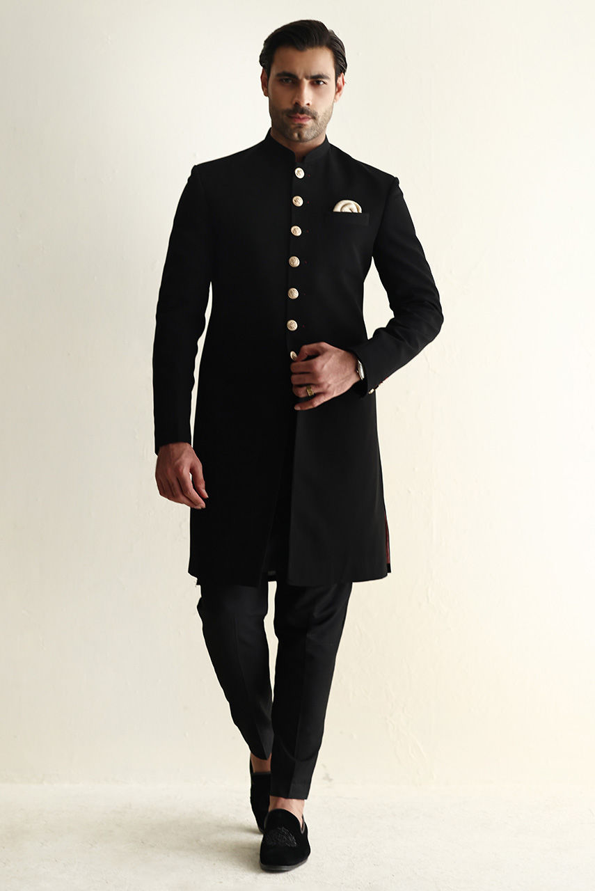 Black Georgette Sherwani with Gold Embroidered Dupatta (3-Piece) - Image 7