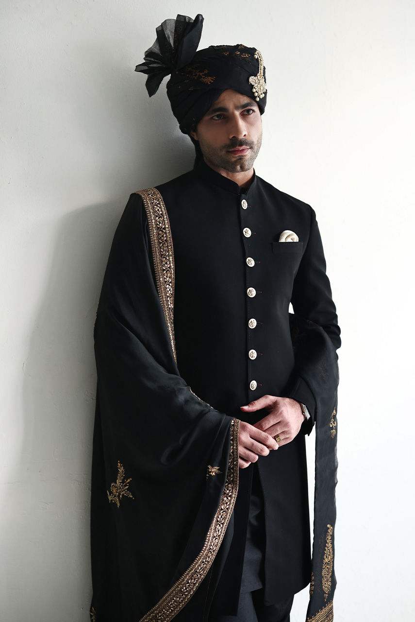 Black Georgette Sherwani with Gold Embroidered Dupatta (3-Piece) - Image 8