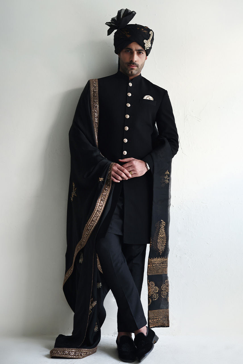 Black Georgette Sherwani with Gold Embroidered Dupatta (3-Piece) - Image 9