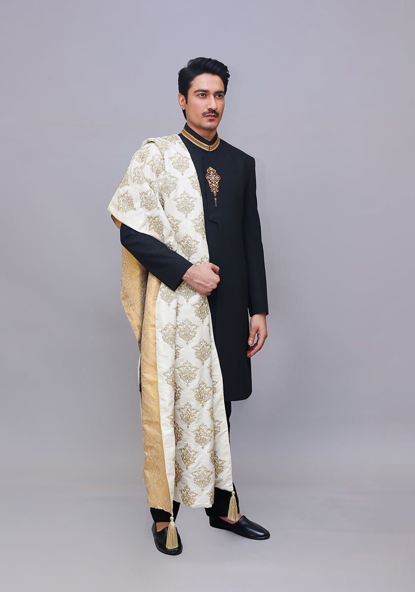 Black Georgette Achkan Sherwani with Gold Buttons (3-Piece) - Image 1