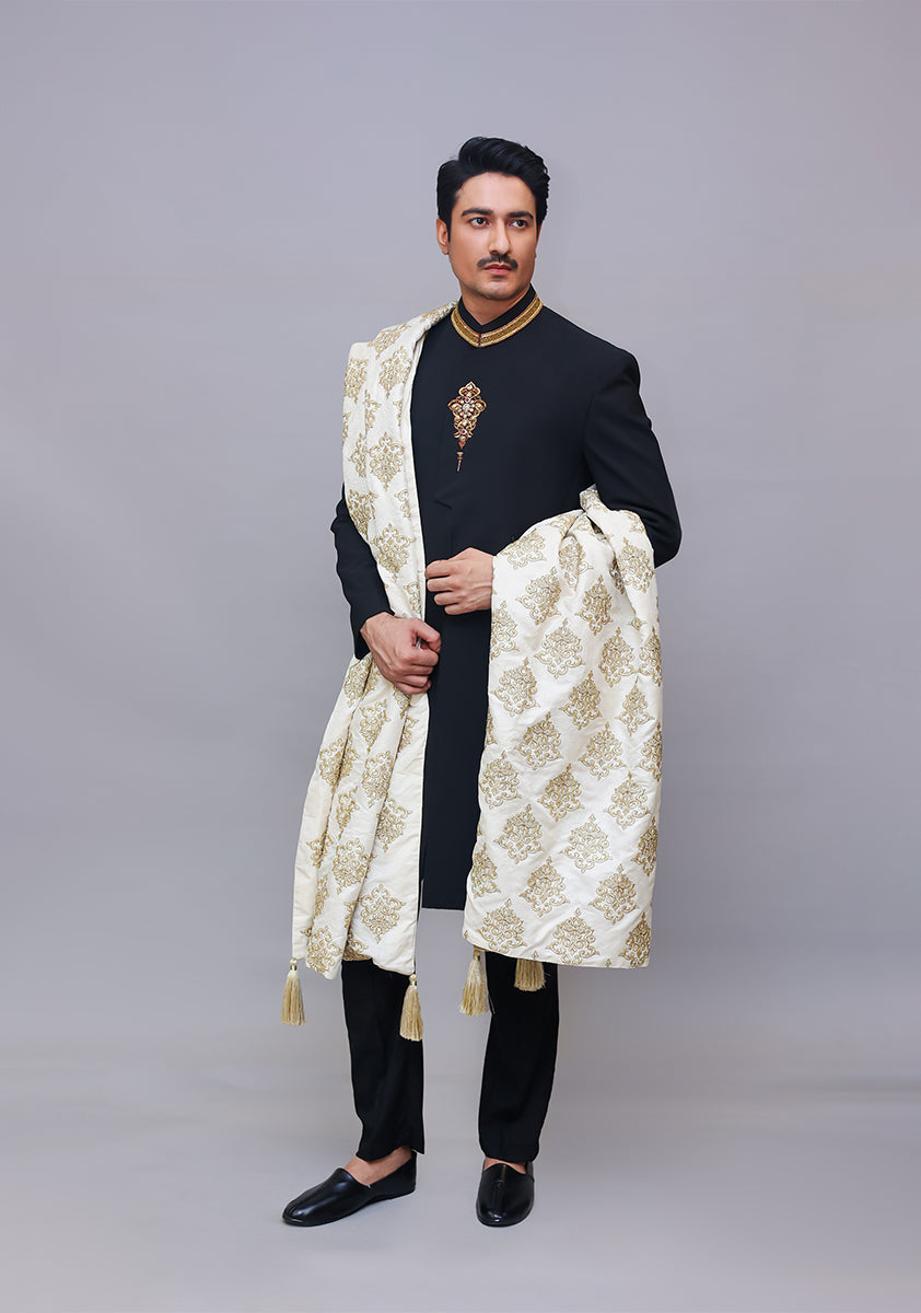 Black Georgette Achkan Sherwani with Gold Buttons (3-Piece) - Image 2
