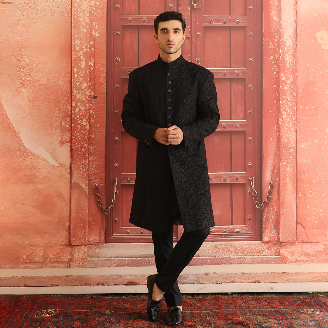 Black Embroidered Georgette Achkan Sherwani (2-Piece) - Image 1