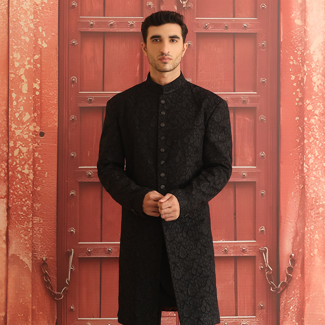 Black Embroidered Georgette Achkan Sherwani (2-Piece) - Image 2