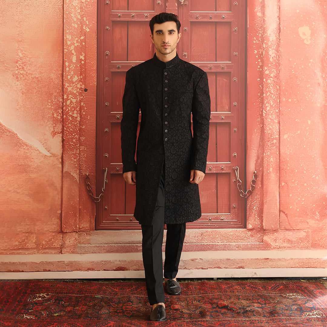Black Embroidered Georgette Achkan Sherwani (2-Piece) - Image 3