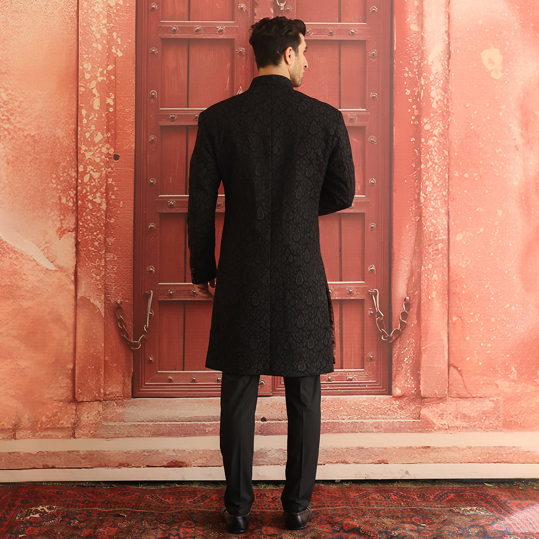 Black Embroidered Georgette Achkan Sherwani (2-Piece) - Image 4