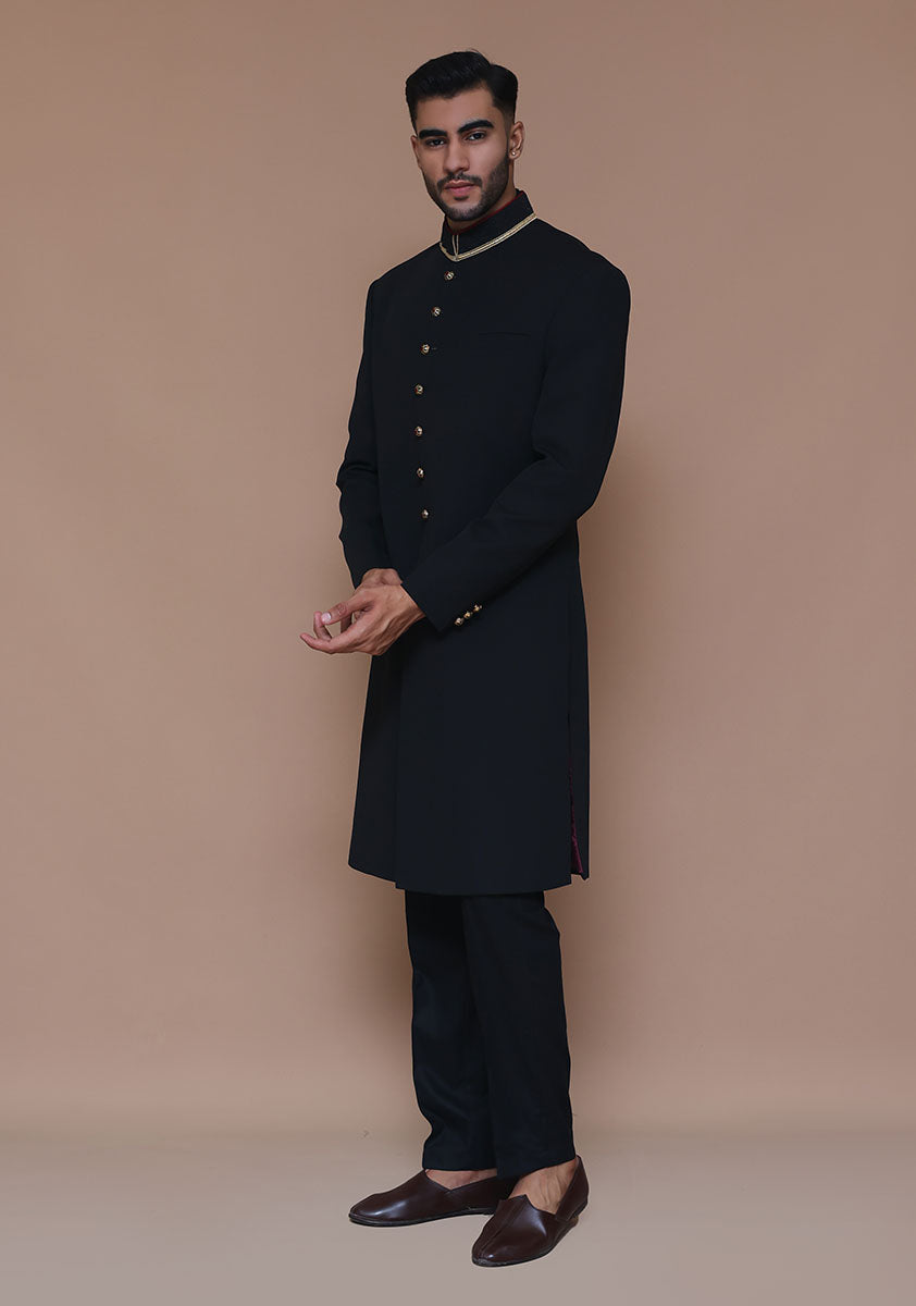 Black Gold-Piped Georgette Achkan Sherwani (2-Piece) - Image 3