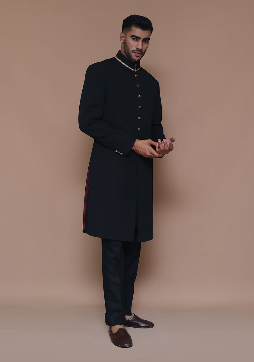 Black Gold-Piped Georgette Achkan Sherwani (2-Piece) - Image 4