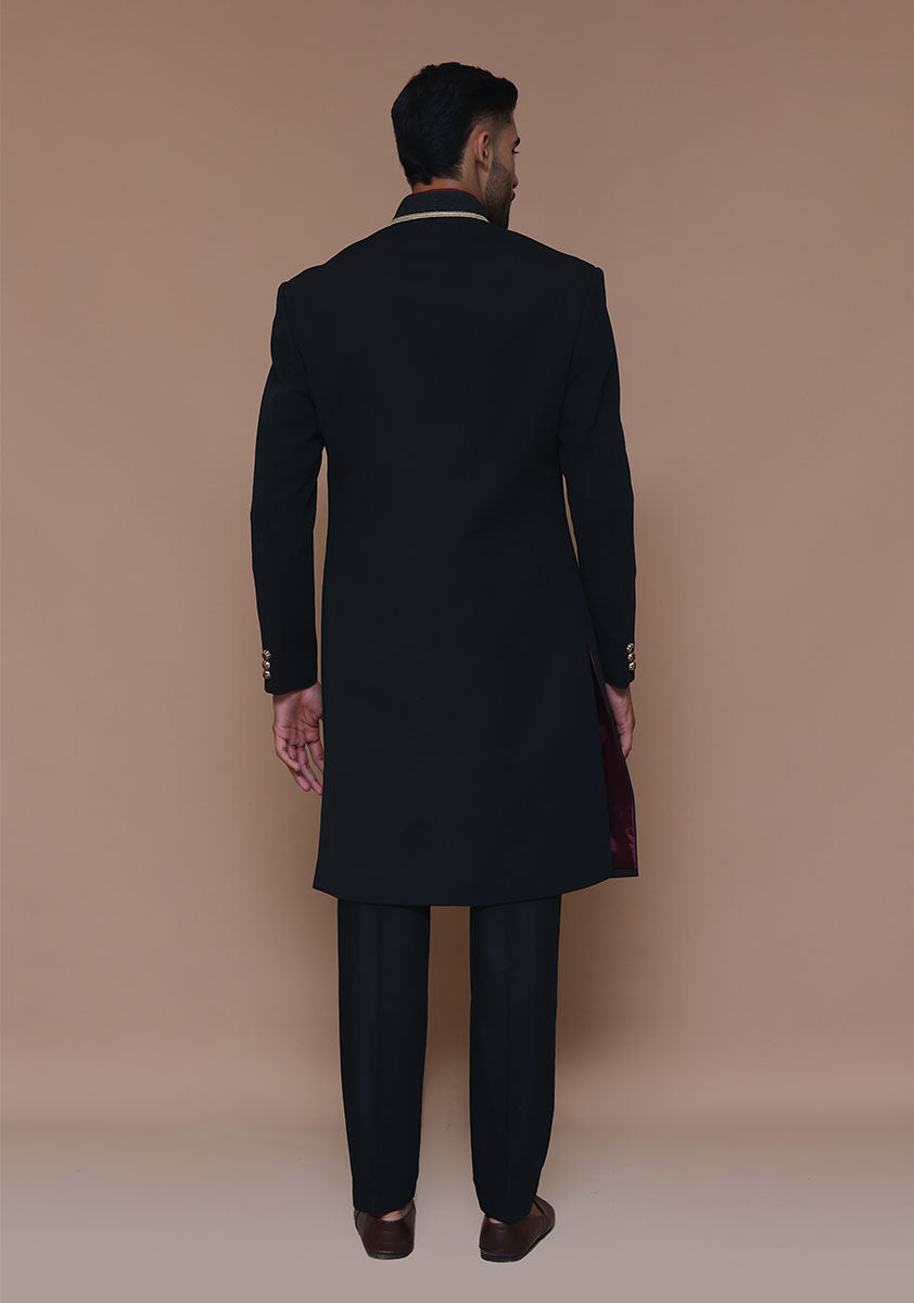 Black Gold-Piped Georgette Achkan Sherwani (2-Piece) - Image 5