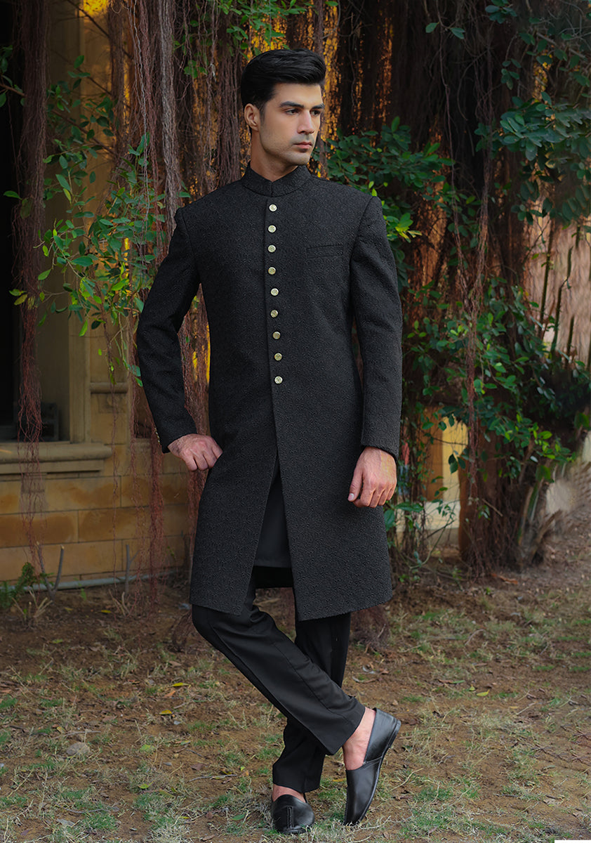 Pirat Black Textured Georgette Achkan Sherwani (3-Piece) - Image 1