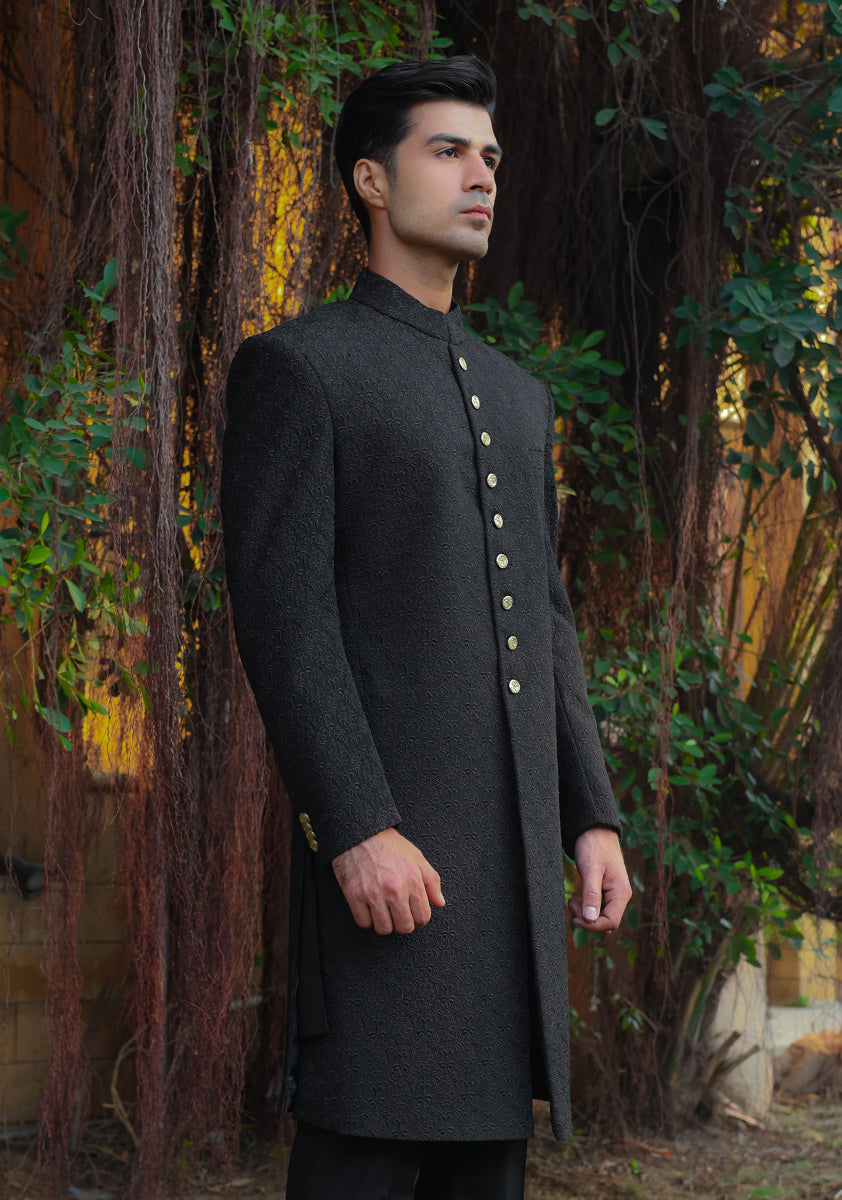 Pirat Black Textured Georgette Achkan Sherwani (3-Piece) - Image 2