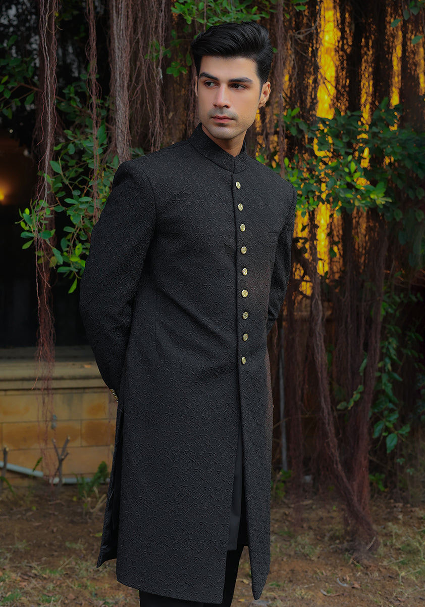 Pirat Black Textured Georgette Achkan Sherwani (3-Piece) - Image 3