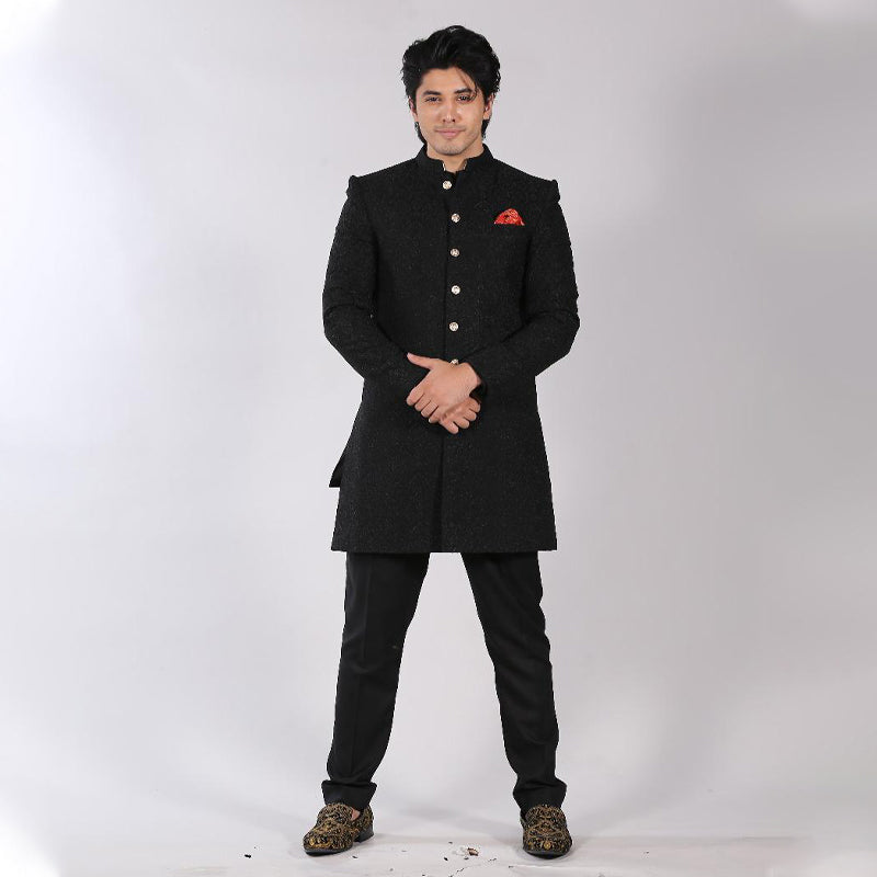 Black Textured Sherwani with Gold Buttons (2-Piece) - Image 1
