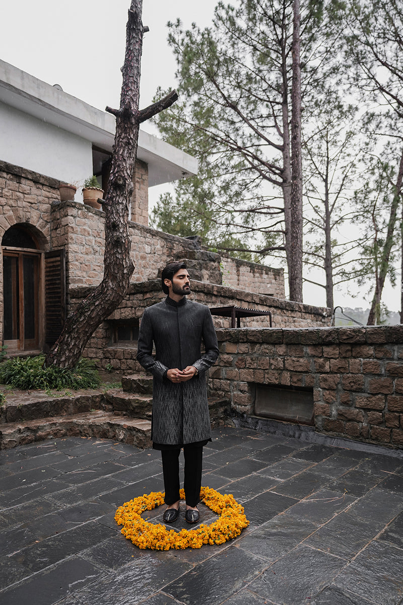 Black Gradient Hand-Woven Chevron Sherwani (2-Piece) - Image 1