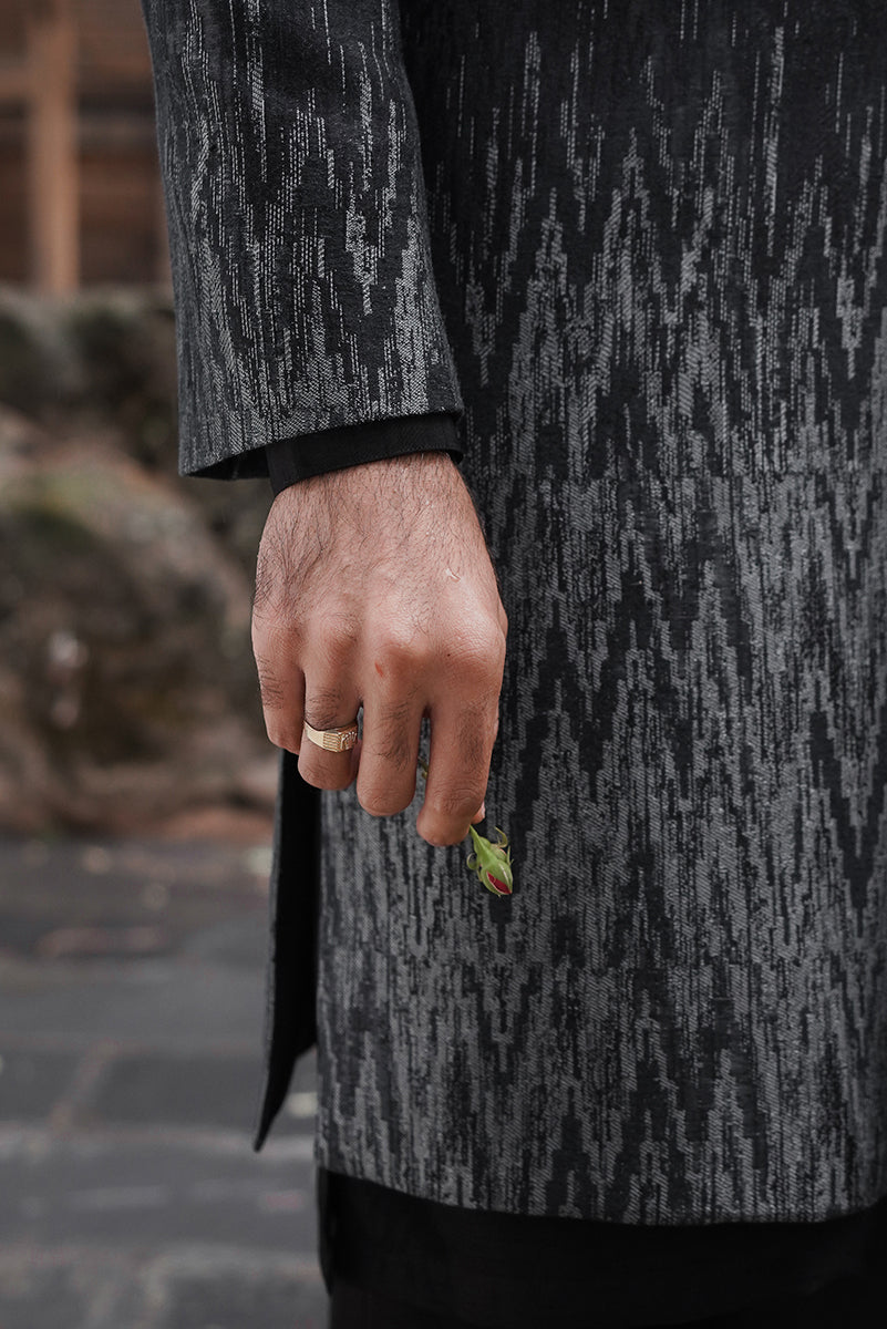 Black Gradient Hand-Woven Chevron Sherwani (2-Piece) - Image 2