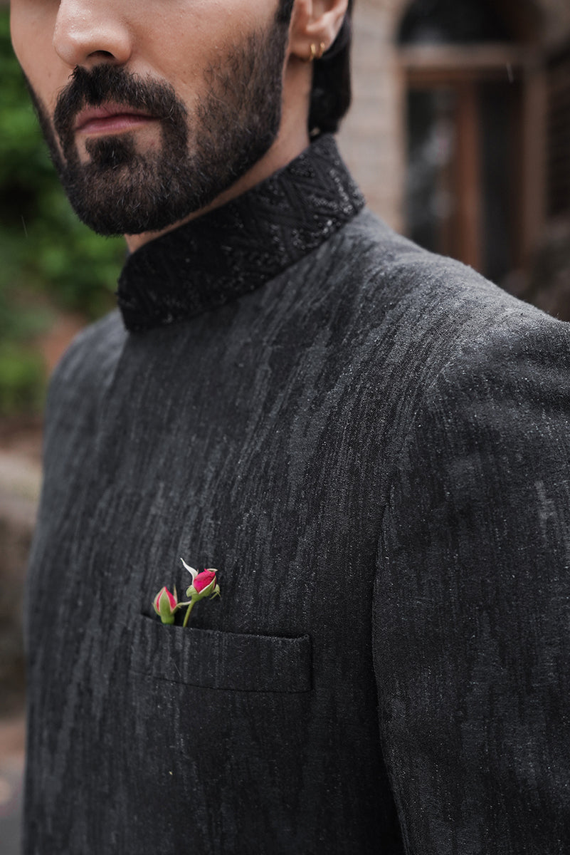 Black Gradient Hand-Woven Chevron Sherwani (2-Piece) - Image 3