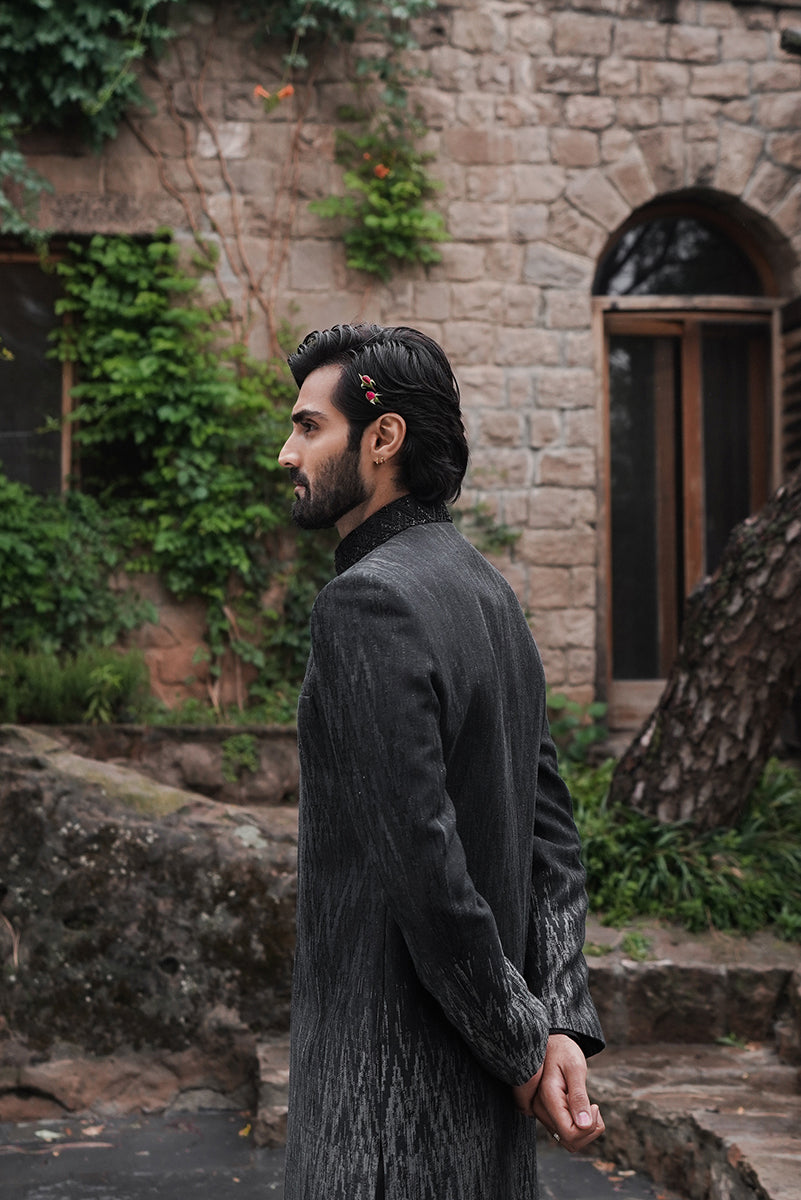 Black Gradient Hand-Woven Chevron Sherwani (2-Piece) - Image 4