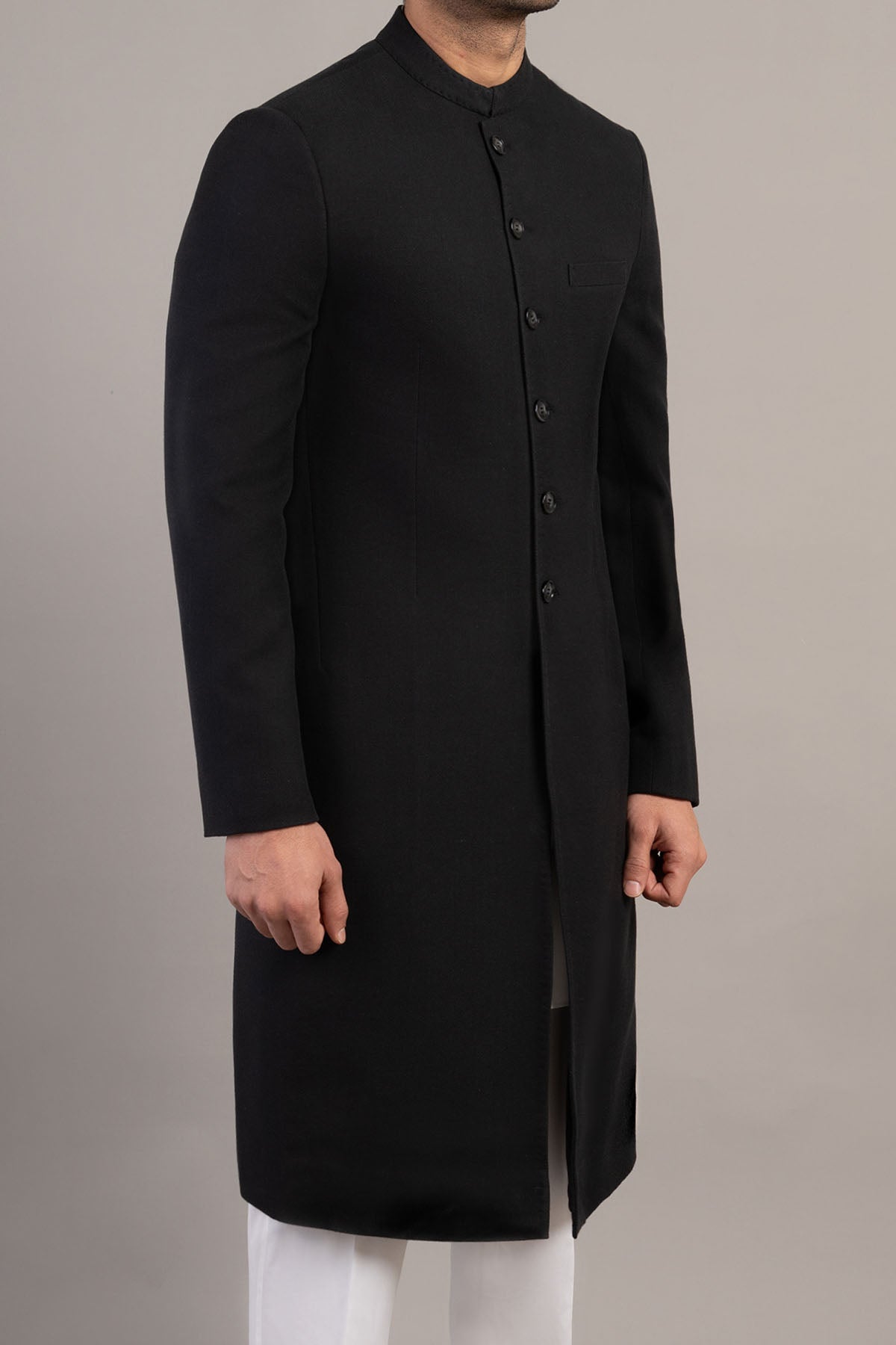 Black Handloomed Regular-Length Sherwani (1-Pc) - Image 1