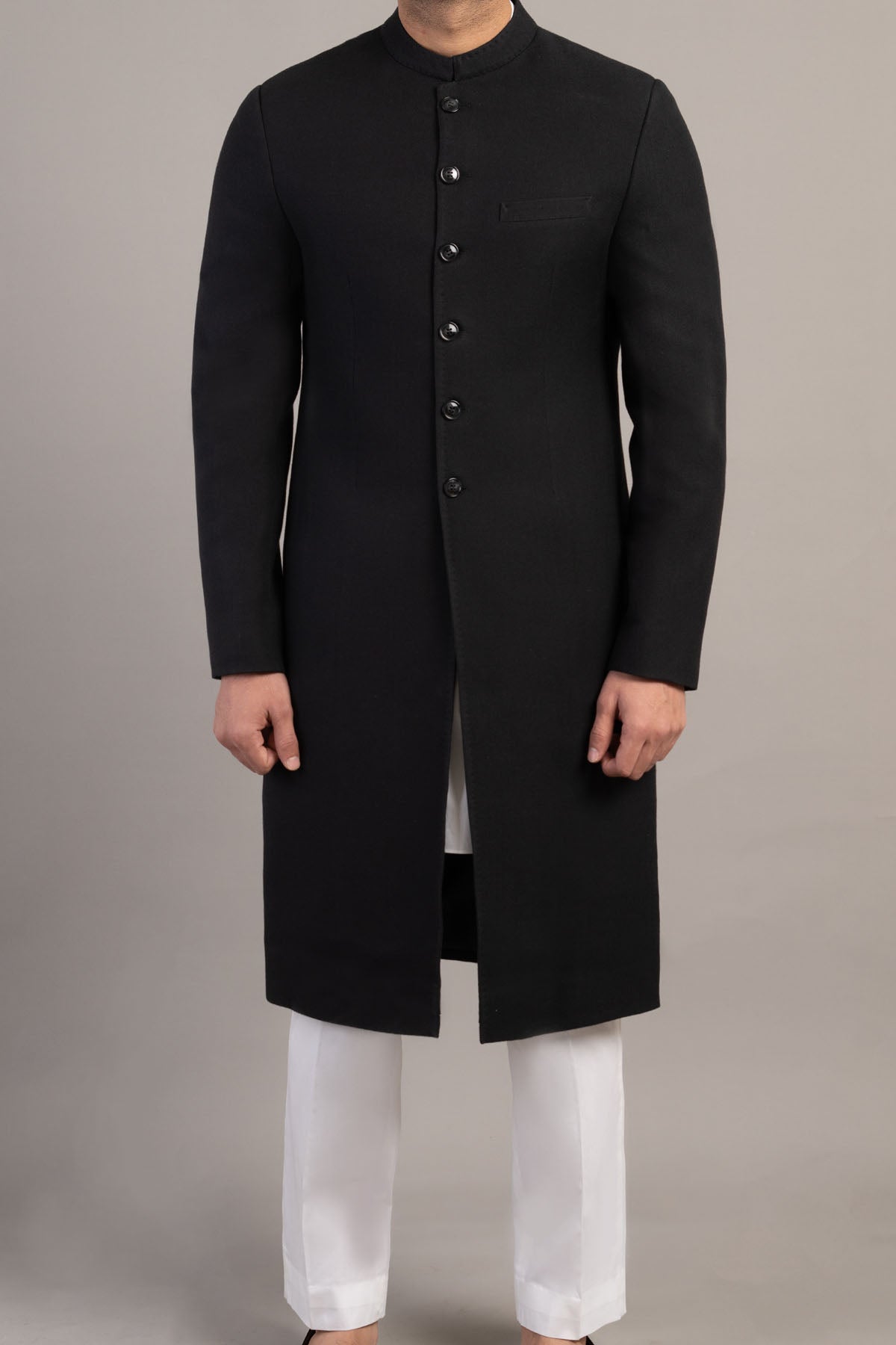Black Handloomed Regular-Length Sherwani (1-Pc) - Image 2