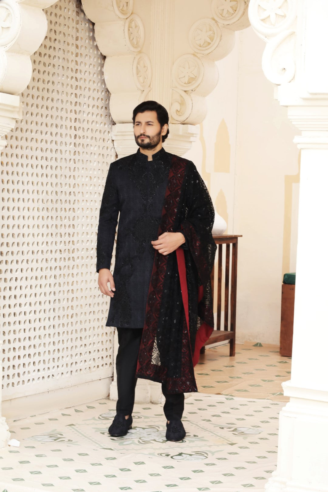 Black Ada Work Italian Self-Fabric Sherwani (3-Piece) - Image 1