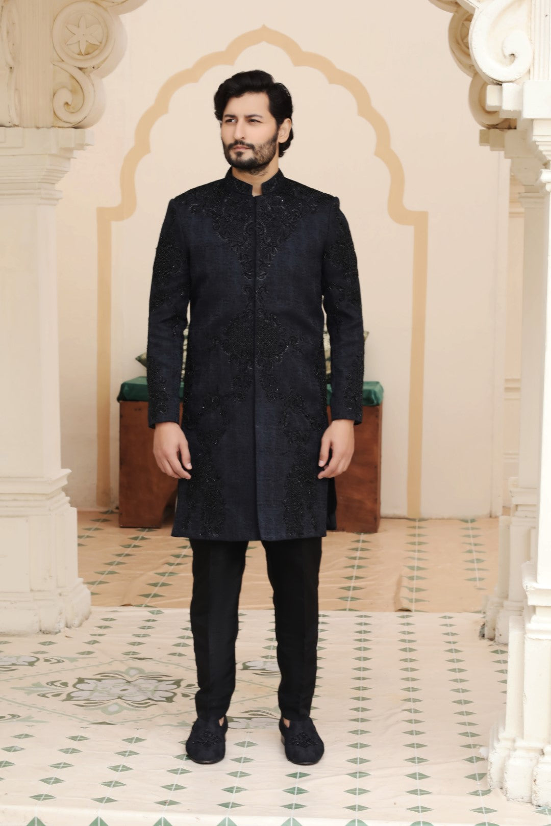 Black Ada Work Italian Self-Fabric Sherwani (3-Piece) - Image 4