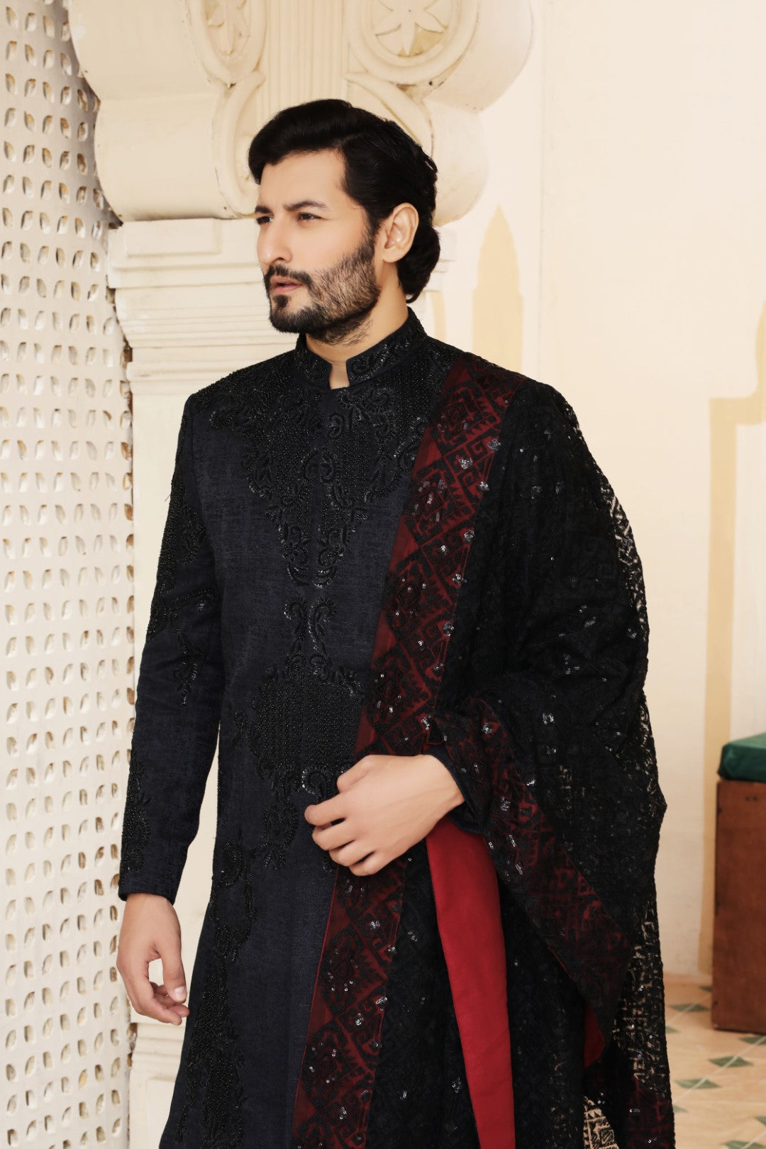 Black Ada Work Italian Self-Fabric Sherwani (3-Piece) - Image 2