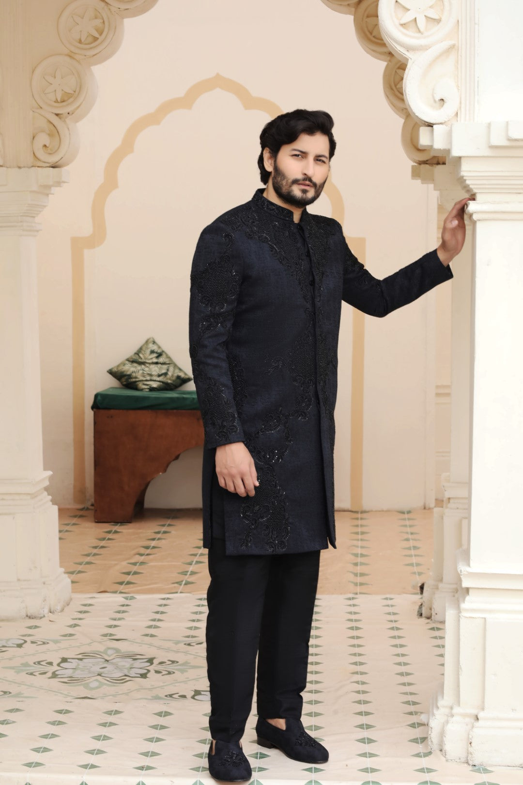 Black Ada Work Italian Self-Fabric Sherwani (3-Piece) - Image 3