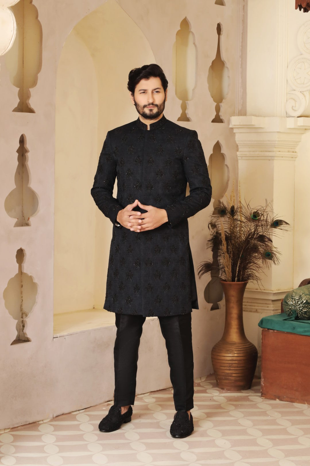 Black Ada Work Italian Self-Fabric Achkan Sherwani (3-Piece) - Image 4