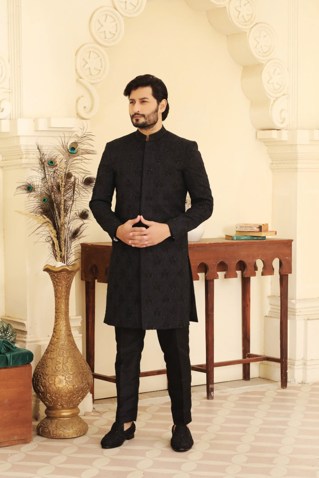 Black Ada Work Italian Self-Fabric Sherwani (3-Piece) - Image 1