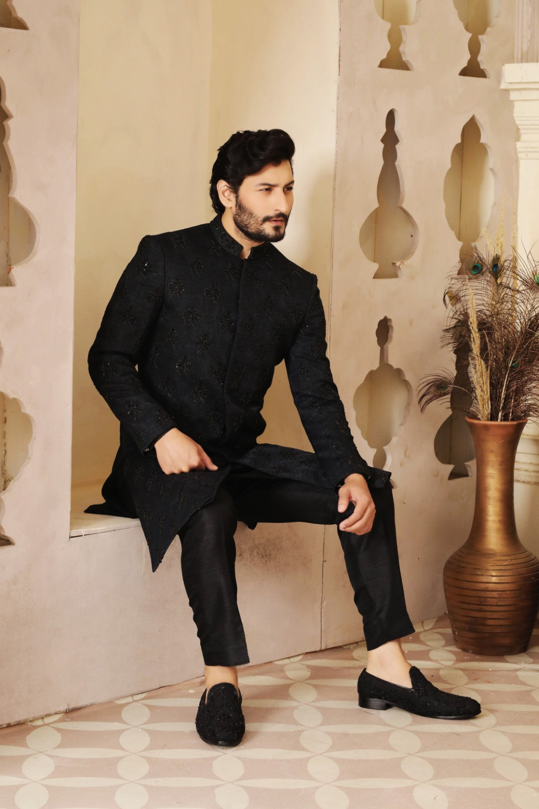Black Ada Work Italian Self-Fabric Sherwani (3-Piece) - Image 3