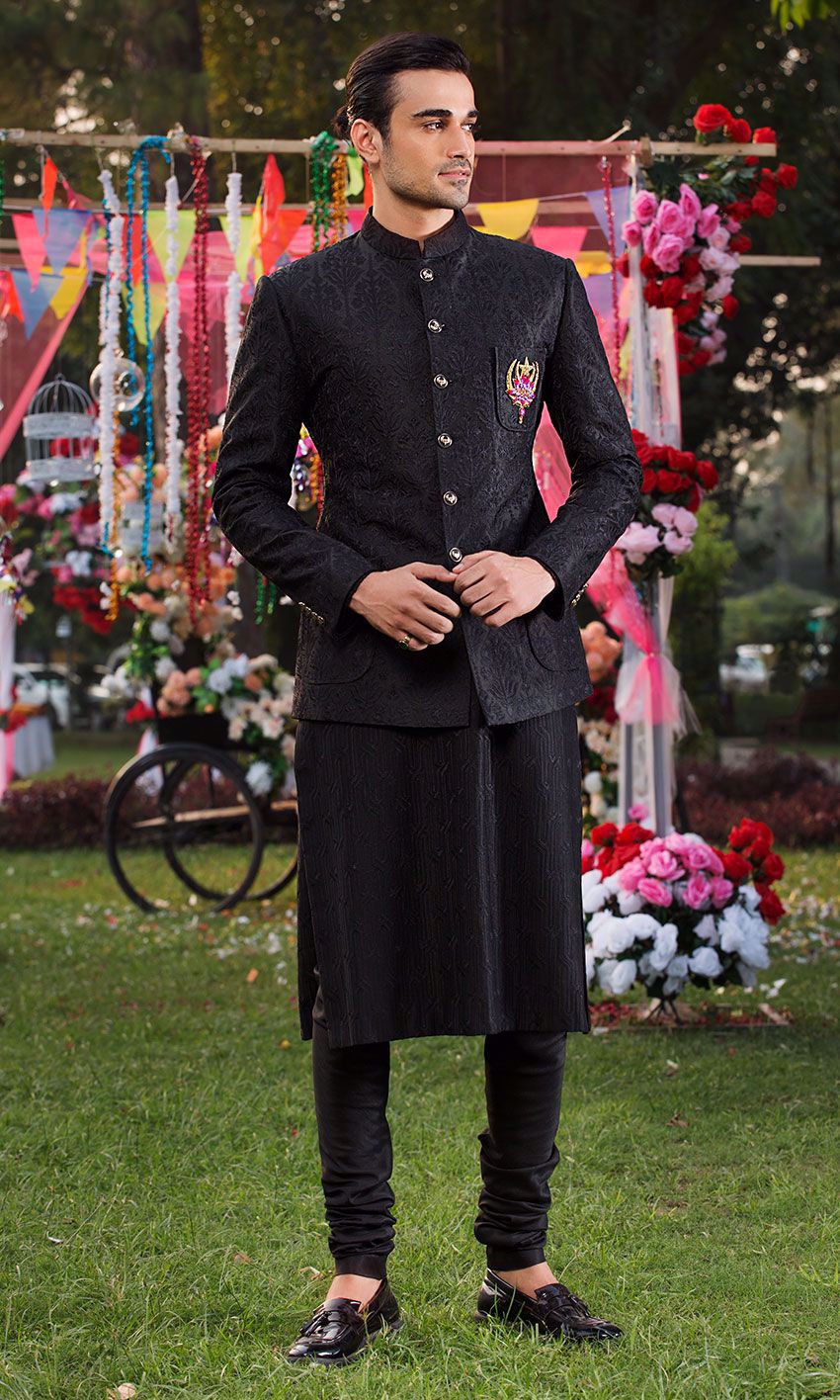 Black Embroidered Jacquard Sherwani (3-Piece) - Image 1