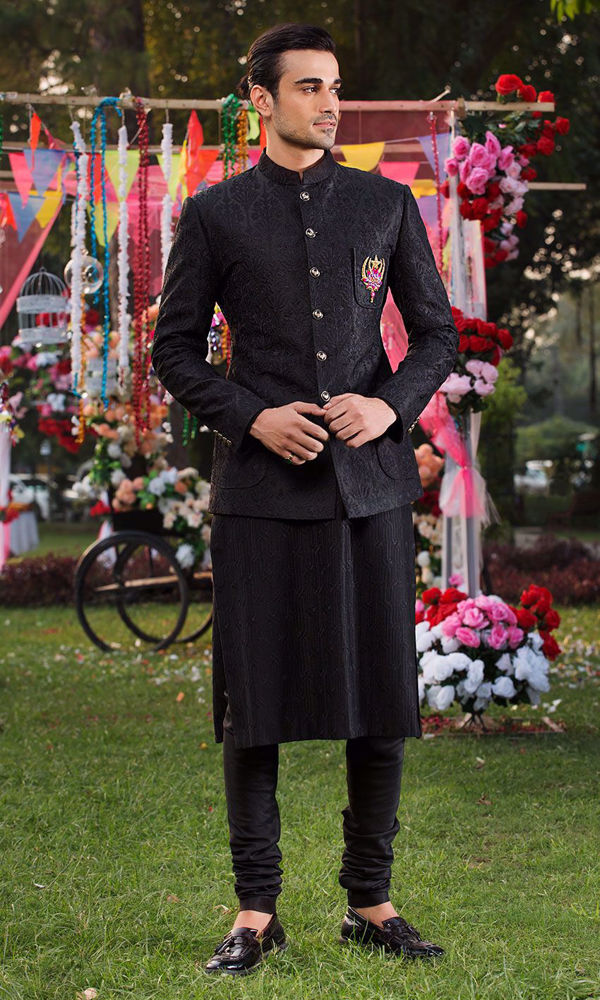 Black Embroidered Jacquard Sherwani (3-Piece) - Image 2