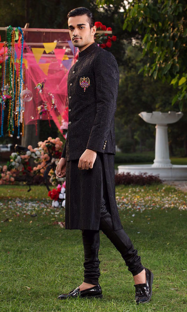 Black Embroidered Jacquard Sherwani (3-Piece) - Image 3