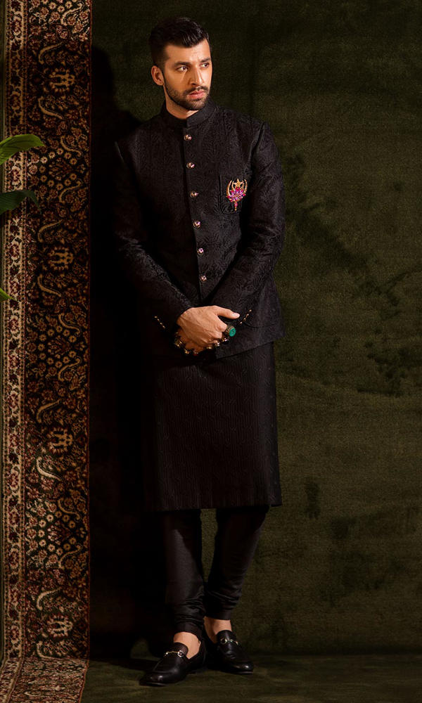 Black Embroidered Jacquard Sherwani (3-Piece) - Image 5