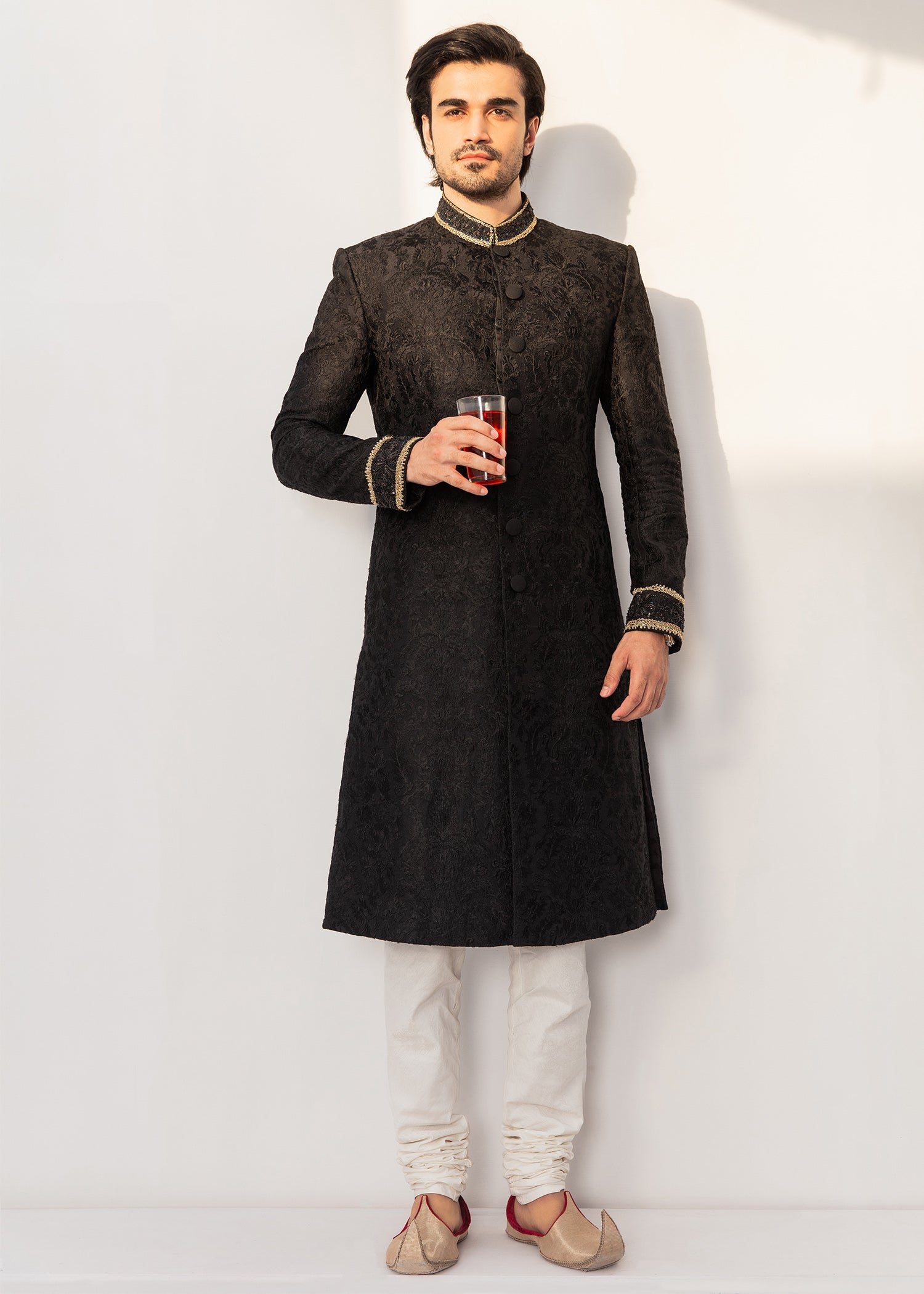 Charcoal Black Jacquard Sherwani with Gold Detailing (2-Piece) - Image 1
