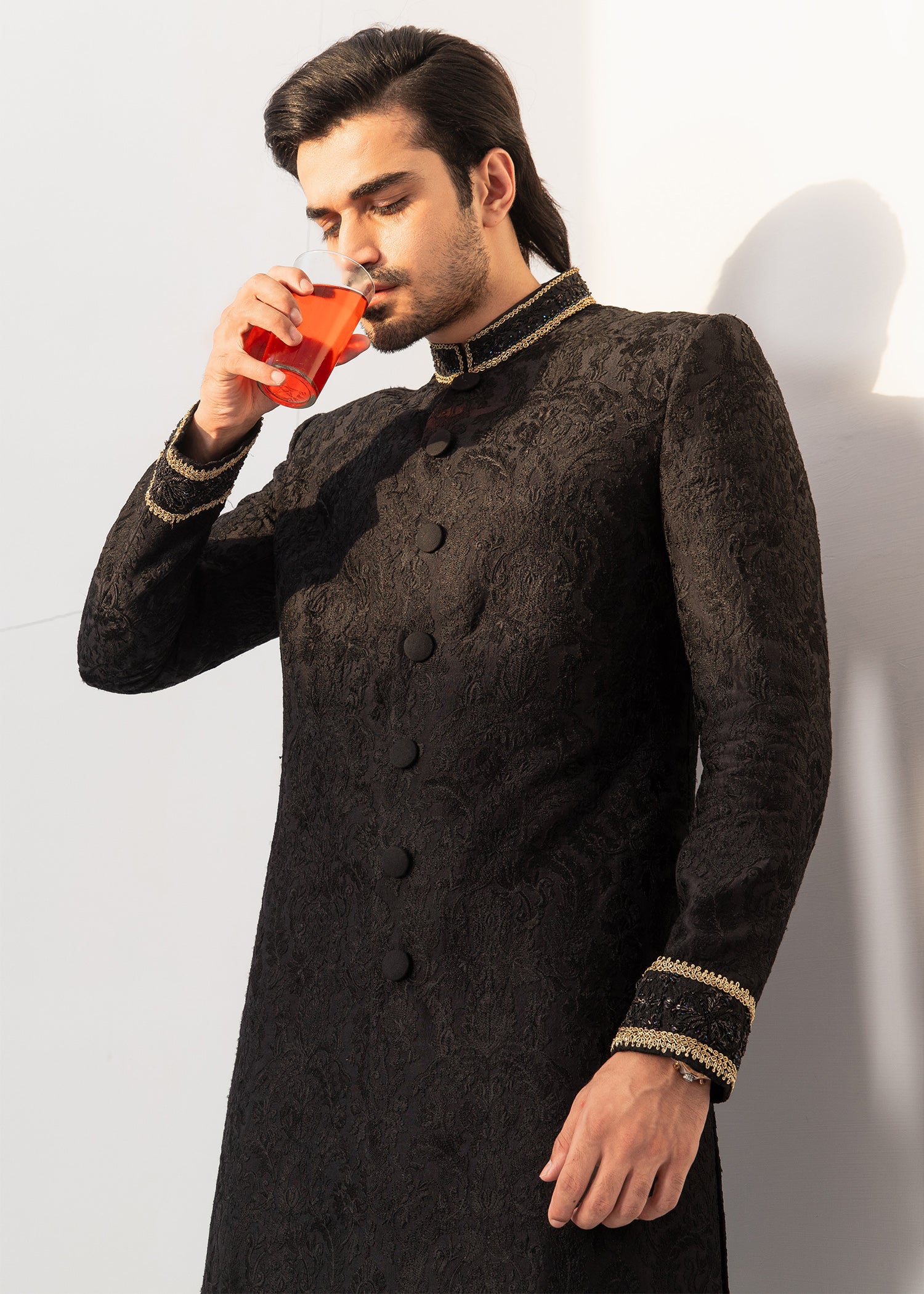 Charcoal Black Jacquard Sherwani with Gold Detailing (2-Piece) - Image 2
