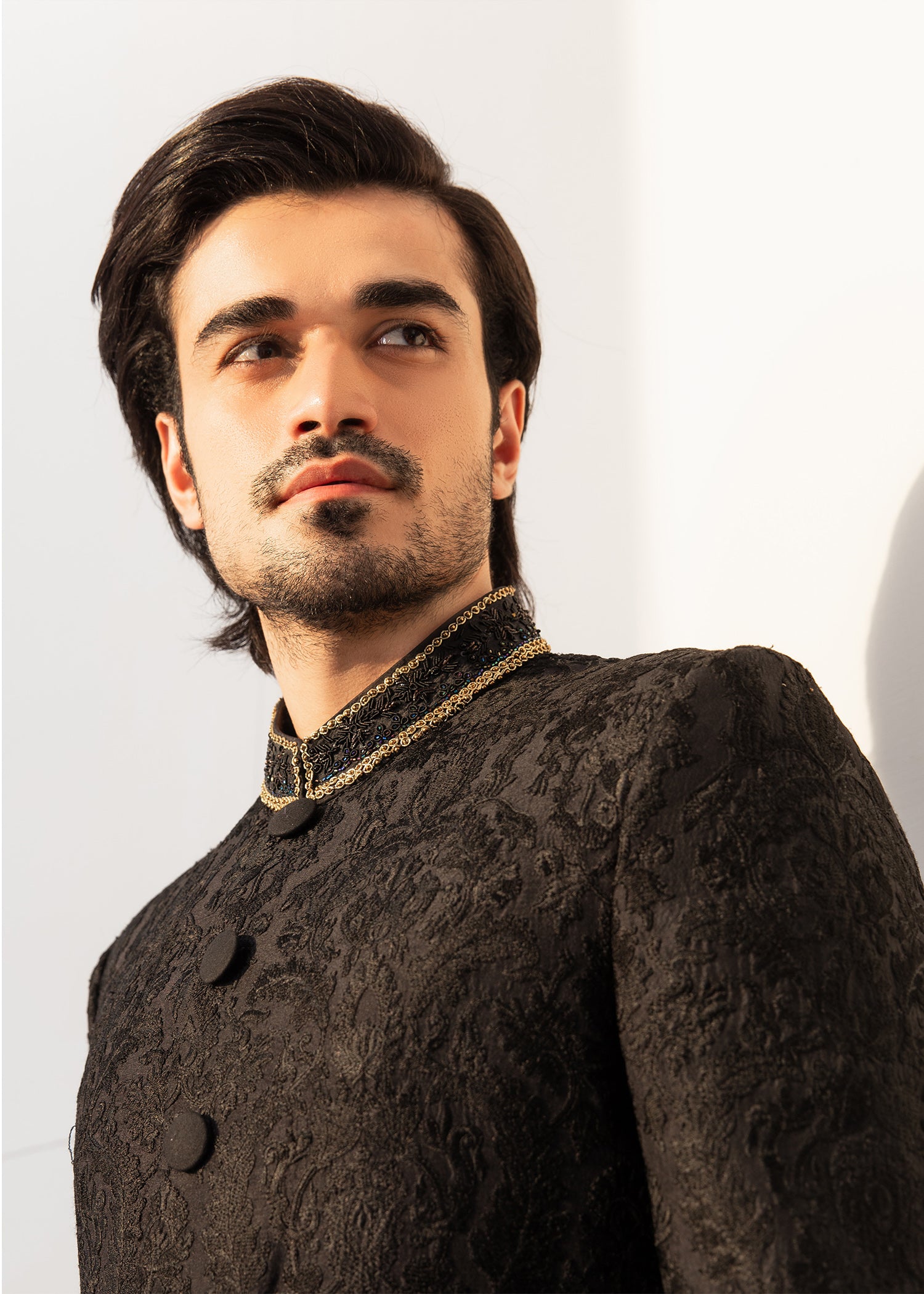Charcoal Black Jacquard Sherwani with Gold Detailing (2-Piece) - Image 3