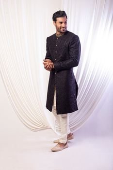 Black Embroidered Jacquard Sherwani (2-Piece) - Image 1