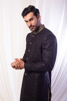 Black Embroidered Jacquard Sherwani (2-Piece) - Image 2
