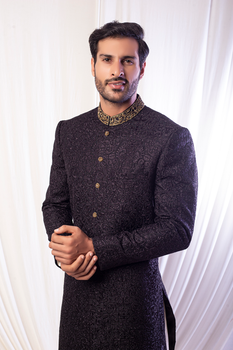 Black Embroidered Jacquard Sherwani (2-Piece) - Image 3